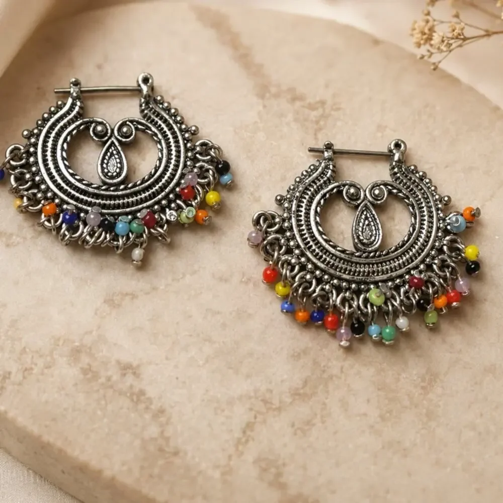 Vintage Boho Silver Colorful Beaded Tribal Statement Earrings Festival Y2K